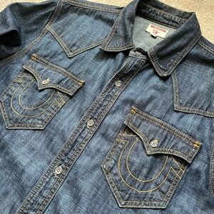 Mens True Religion Y2K Long Sleeve Denim Button Up Shirt XL EUC